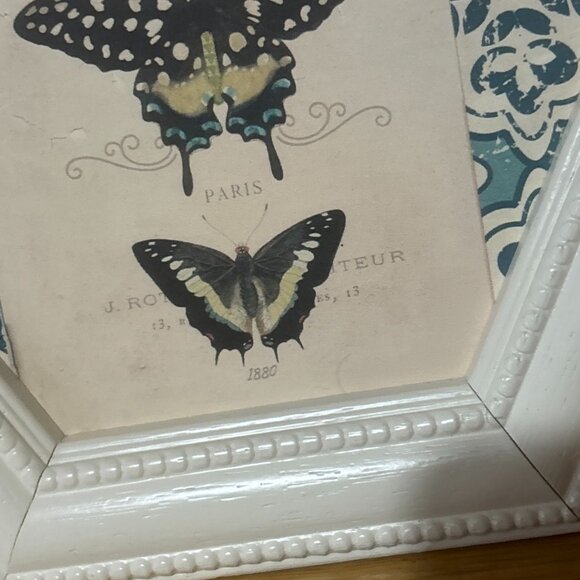 Vintage Butterfly Art Prints Wall Hangings White Wood Frame Hexagon Circle 7"-8" - Picture 6 of 11